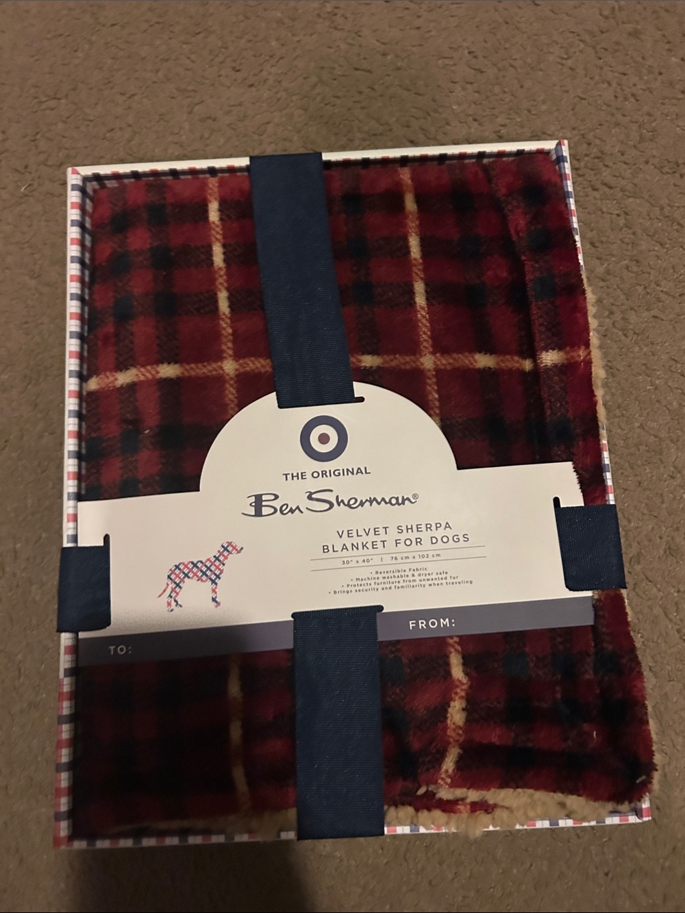 Ben Sherman Red and Cream Plaid Velvet Sherpa Dog Blanket